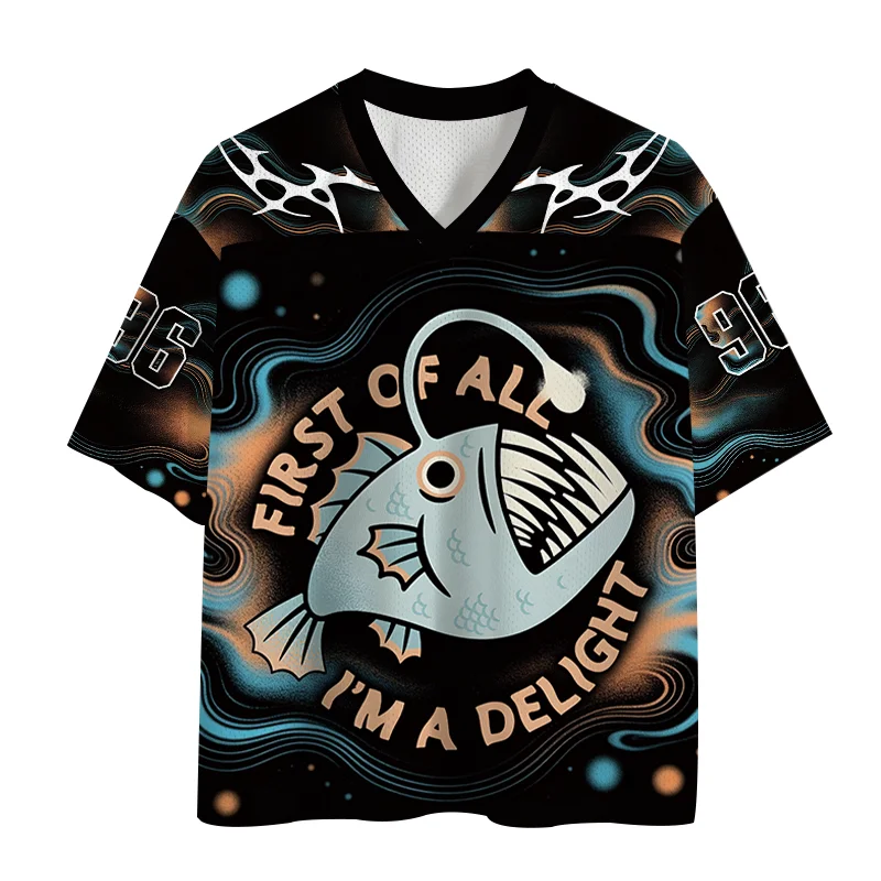 2026 Hotdog Anglerfish Cat Meme Mesh Football Jersey Bundle, 4 Styles V-Neck Graphic Tee Y2K Unisex Streetwear Short Sleeve Top