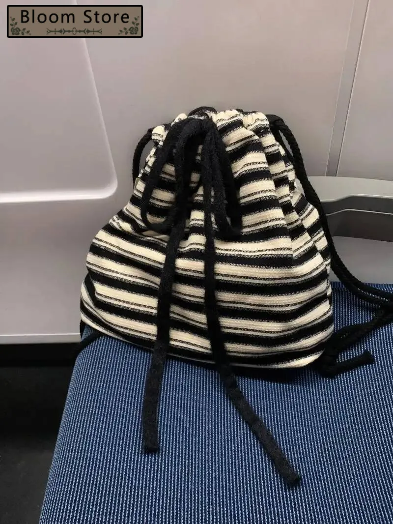 

Bloom Haruku Striped Casual Mini Backpack Women Retro Drawstring Canvas Backpacks Ladies Vintage Portable Mochila Aesthetics