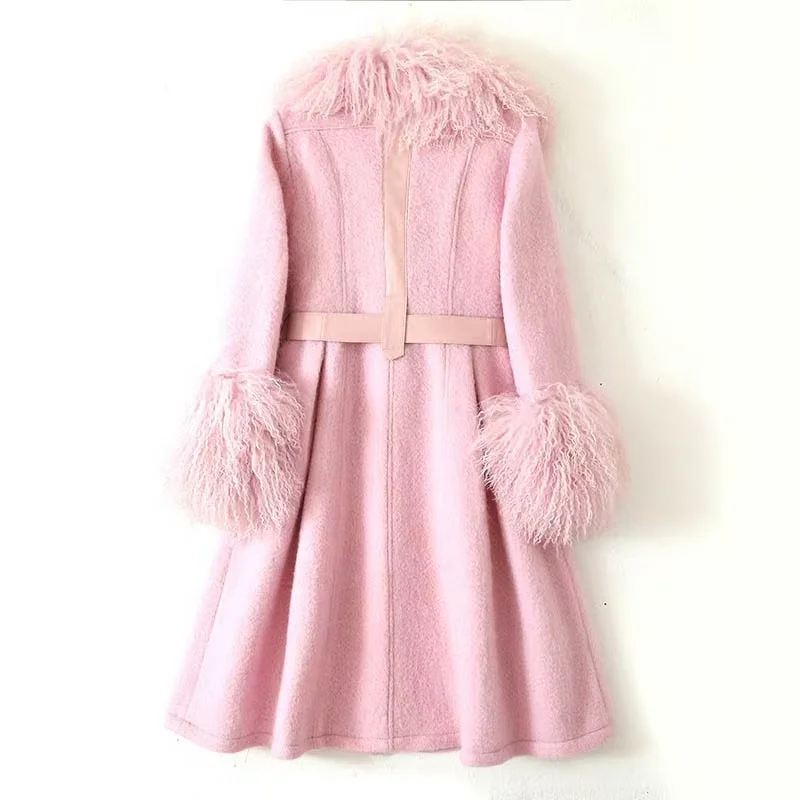 Women's Slim Fit Long Woolen Coat With Warm Pink Plush Cuffs Sheep Fur Collar Comfortable Polyester Lining For Winter Fashion