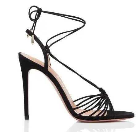 Elegant Women Black Suede Narrow Bands Cross Tied Lace Up Stiletto Heel Summer Sandals Female Open Toe Gladiator High Heel Shoes