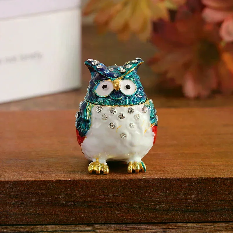 1개 컬러풀한 라인스톤 올빼미 보석함, 에나멜 미니 박스, 정교한 데스크탑 장식 보석 보관함