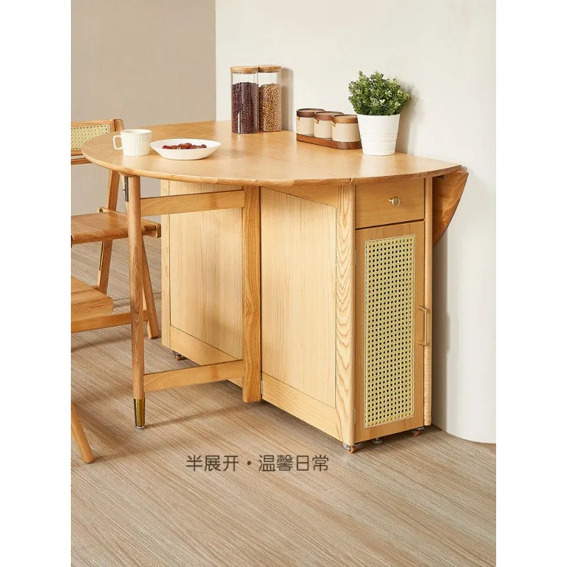 Small apartment folding round solid wood dining table, wabi-sabi log wind can be stored and retractable, multi-functional
