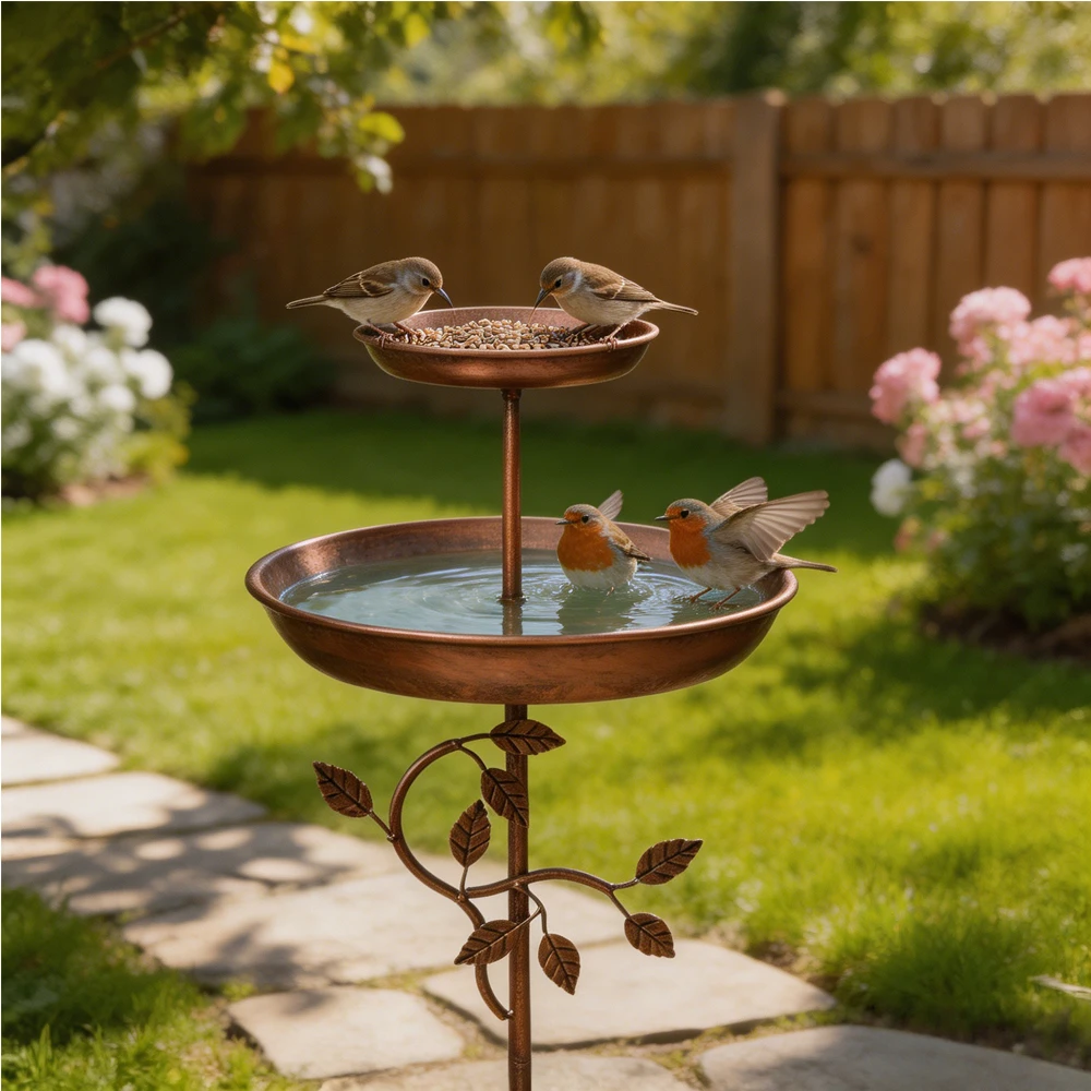A Vintage Copper-Colored Five-Legged Double-Layered Bird Feeder That Serves as Both a Bird Feeder and a Bird Bath, Suitable for Outdoor Garden Use. Rust-Resistant Metal Bird Waterer, Courtyard Lawn Bird-Watching Supplies, Detachable and Washable