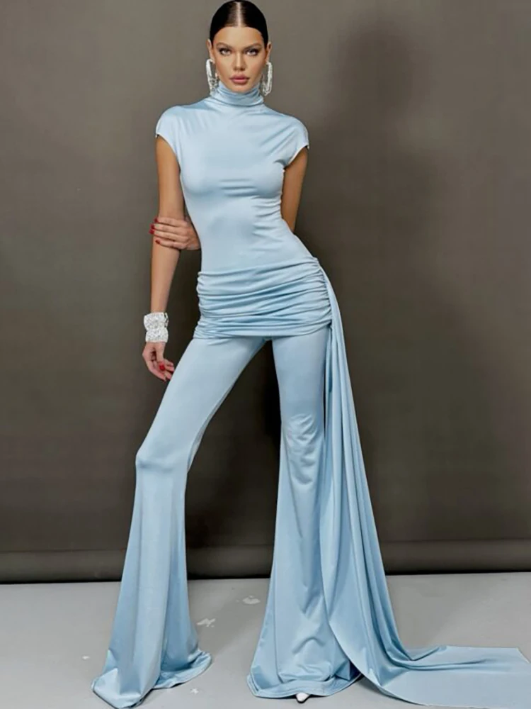 Fantoye คอเต่าแขนสั้นริบบิ้นผู้หญิง Jumpsuit สีฟ้ารอบคอ Ruched Jumpsuit Femme ฤดูใบไม้ผลิ Slim Elegant Party Streetwear