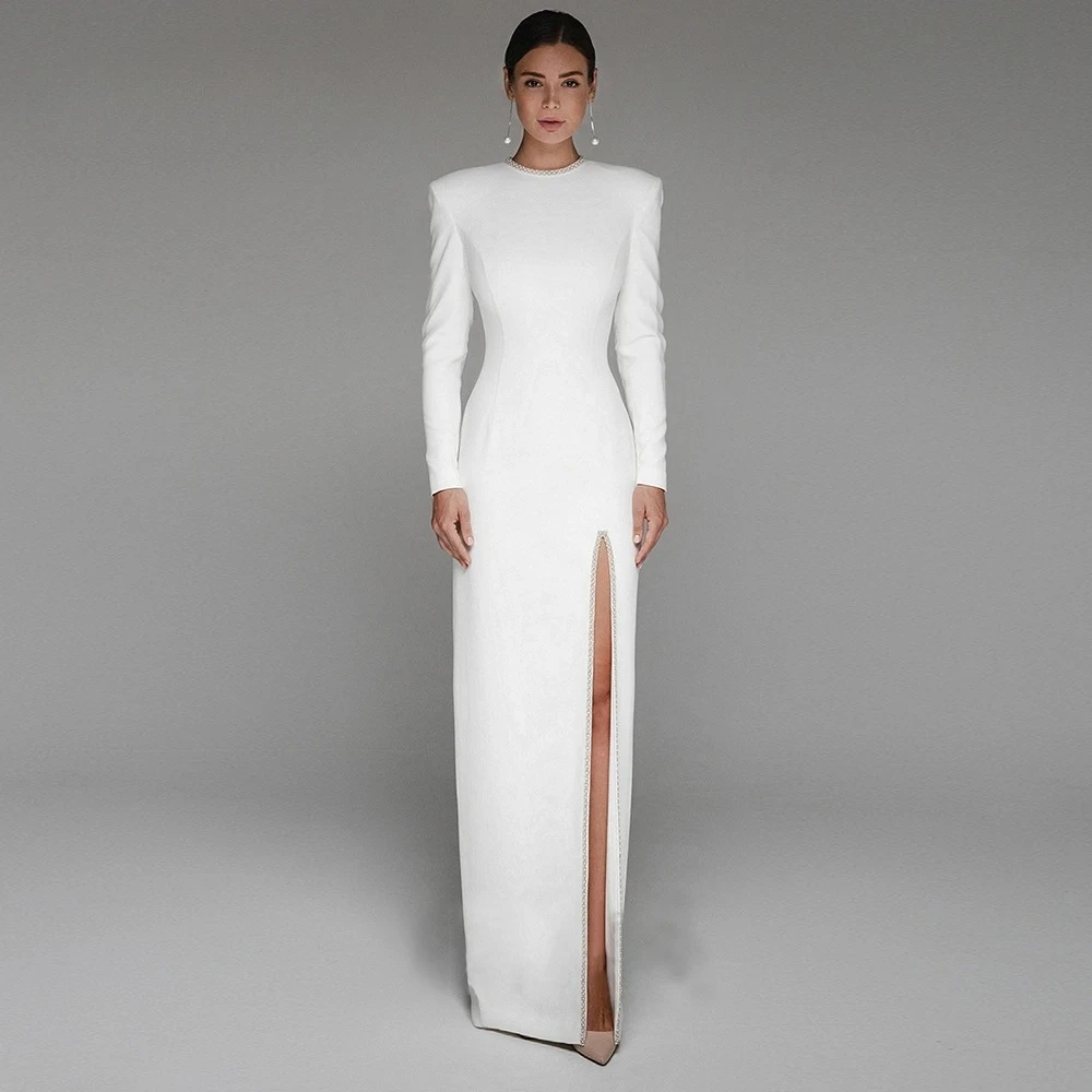 Customized Chic Solid Satin Long Sleeve Bridal Gown Strong Shoulder High Neck High Side Slit Maxi Simple Wedding Dress Plus Size
