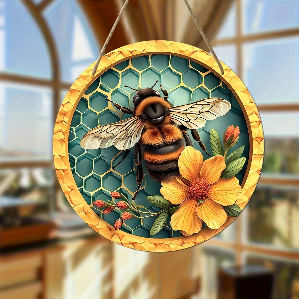 1pc Bee & Flower Pattern Round Acrylic Decorative Pendant, Front Porch Living Room Bedroom Home Decor Wall Art Decoration