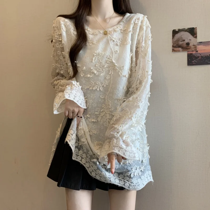 

plus Size Women's Faionable Floral Embroidery Chiffon Base irt Spring Summer New Sle Vintage Slimming Top Midi Length