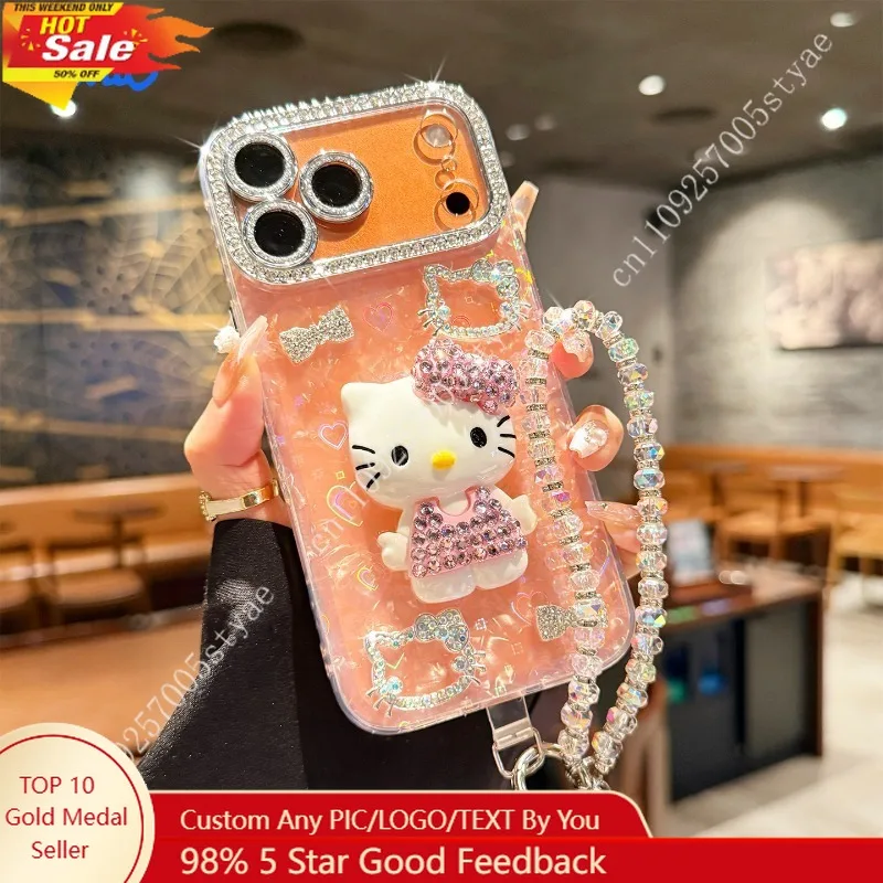 

Hello Kitty Phone Case New for IPhone 3D Rhinestones Suitable for 16/17 Pro Max Featuring A Full Protective Design Against Fall