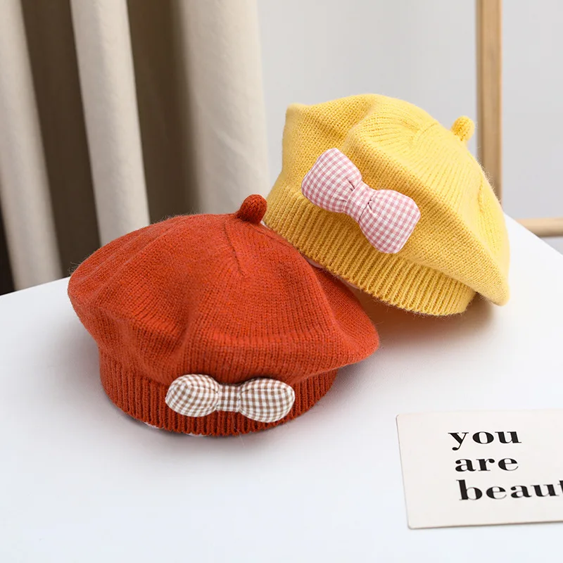 Autumn Winter Baby Girls Beret Hats Sweet Plaid Bow Knit Hat Candy Color Princess Beanie Cap Kids Accessories Photography Props