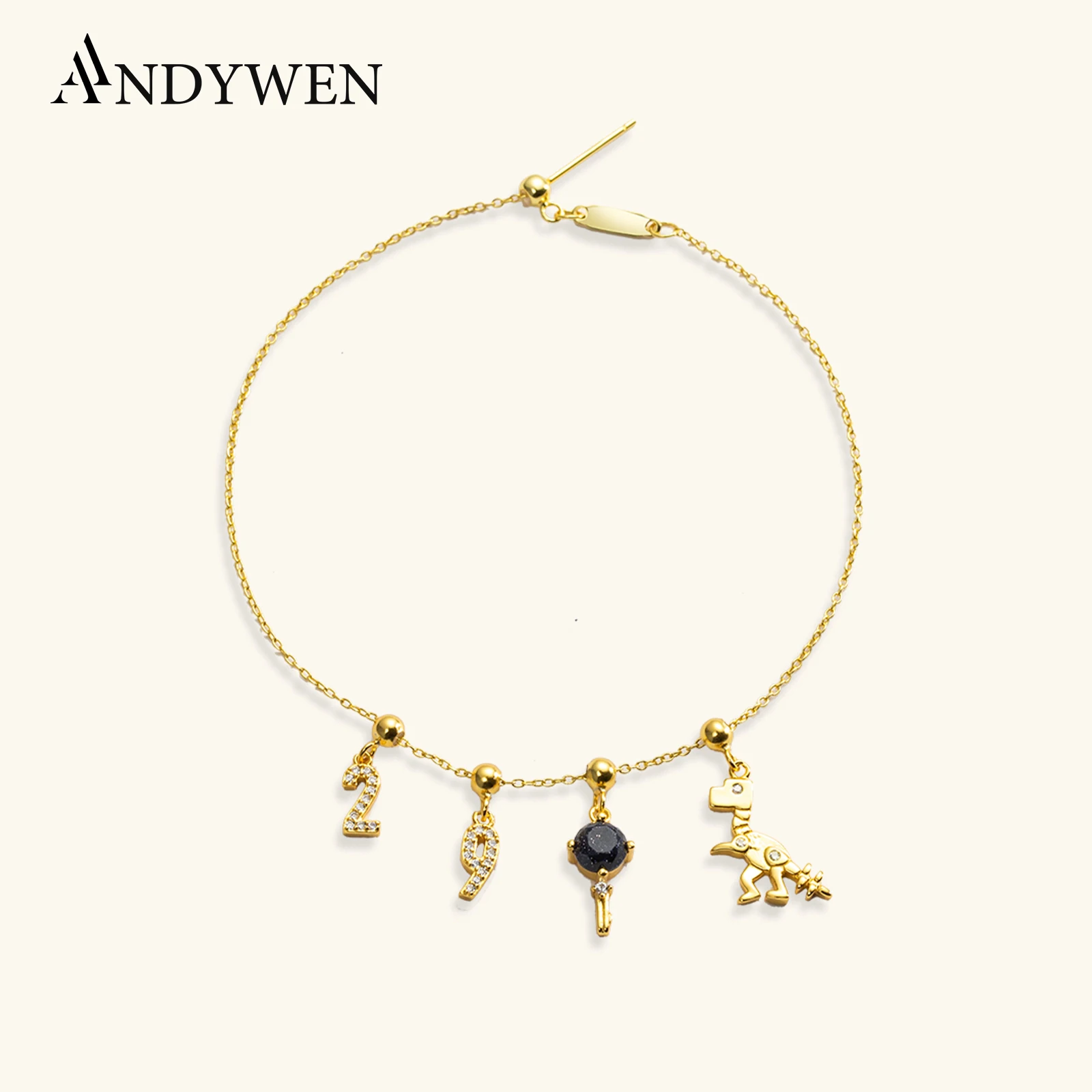 ANDYWEN 925 Sterling Silver Personalize Number 0 to 9 Charm Key Dinosaur Astronaut Bracelet Women Luxury Jewelry Making Gift