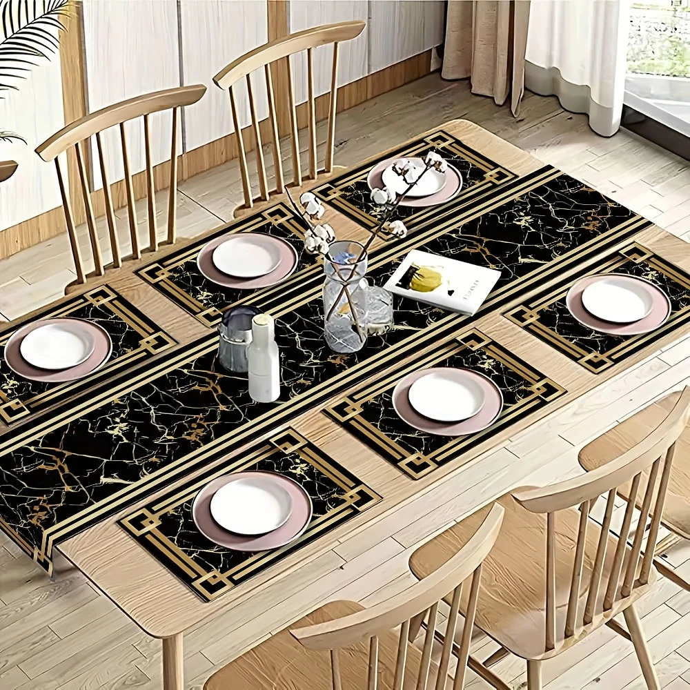 5pcs Table Runner and Placemats, Luxurious Black Golden Marble Pattern Design, Suitable for Daily Use in Kitchens, Dining Tables