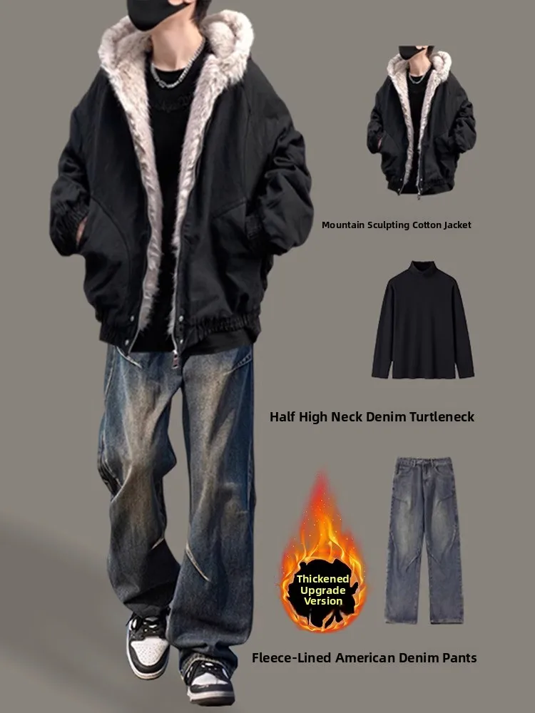 

Утепленная плюшевая куртка с капюшоном в американском ретро-стиле, хлопковая одежда для мужчин, зимний комплект, молодежная мода, наполнитель из полиэфирного волокна
