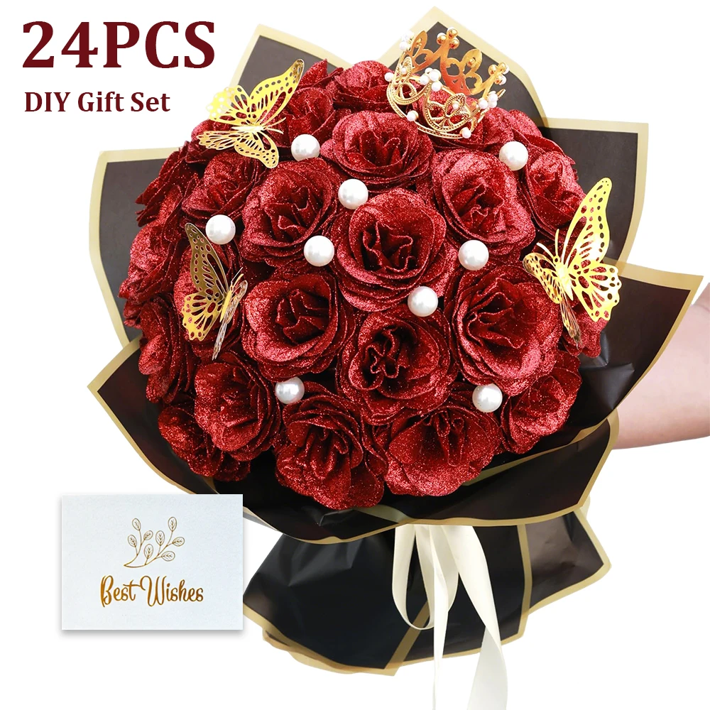 

Glitter Roses Bouquet Shiny Artificial Roses Flowers with Stems DIY Fake Gift Flower for Anniversary Graduation Birthday Wedding