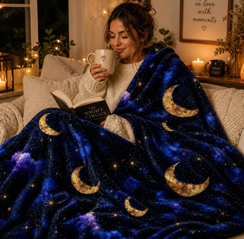 Celestial Moon Minky Blanket, Navy Night Sky Throw Blanket, Moon and Stars Blanket, Cozy Witchy Decor, Dark Academia Blanket