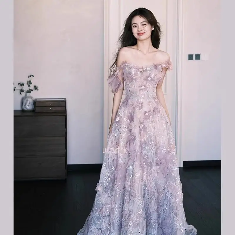 ライト高級女性イブニングパーティードレス宮殿スタイルノースリーブ手作りスパンコールアップリケ蝶妖精ウエディングドレス Vestidos