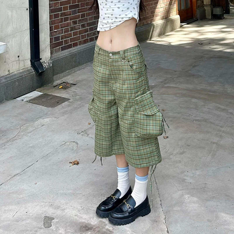 

Женские джинсовые шорты с принтом в клетку, с высокой талией, прямые, в стиле стритвир, карго, Y2K, винтажные, 2000-х годов, женские широкие джинсовые шорты-брюки