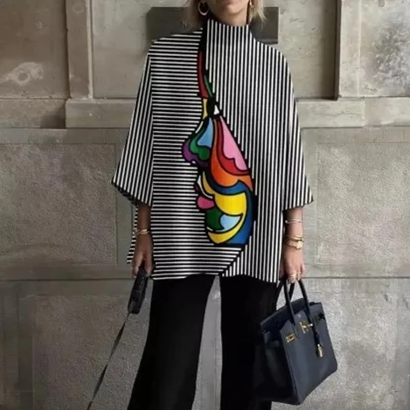 Women's High Neck Loose Blouse Three-Quarter Sleeves Black White Striped Colorful Abstract Printed Fashion Casual Tops 2026 New