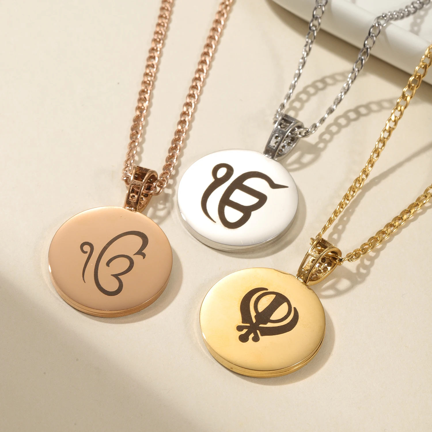 Custom Photo Khanda Necklace Personalized Sikh Symbol Pendant 18K Gold Plated Trisul Necklace Waterproof Memorial Jewelry Gift