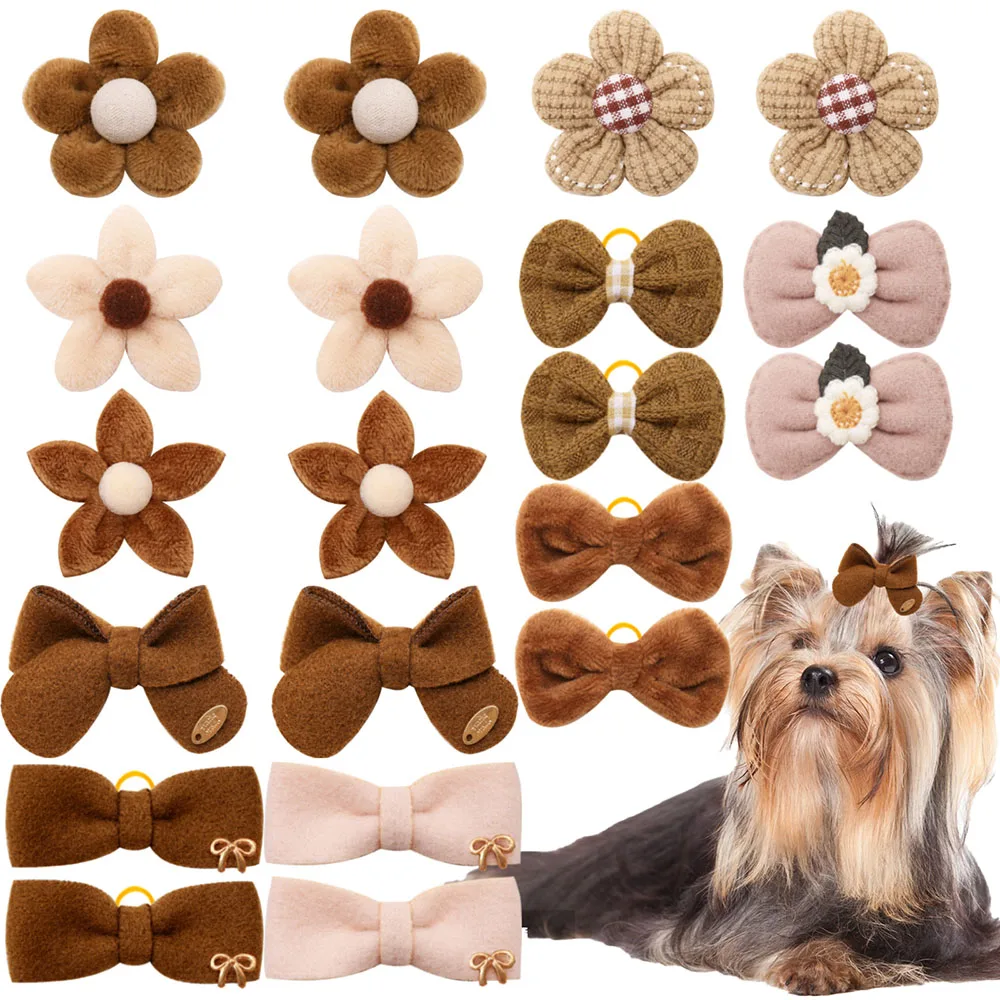 

10/20/30PCS 2025New Dog Hair Accessories Brown Style Dog Bows With Rubber Bands Handmade Puppy Bowknots Pet Supplies For Dogs