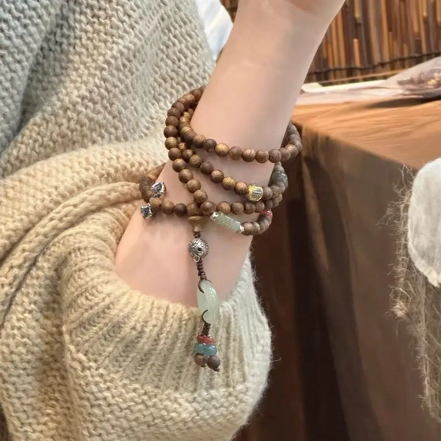 New S925 Silver Agarwood Round Bead Hetian Jade Bamboo Joint Bracelet Four Strand Neo Chinese Guofeng Fashion Jewelry