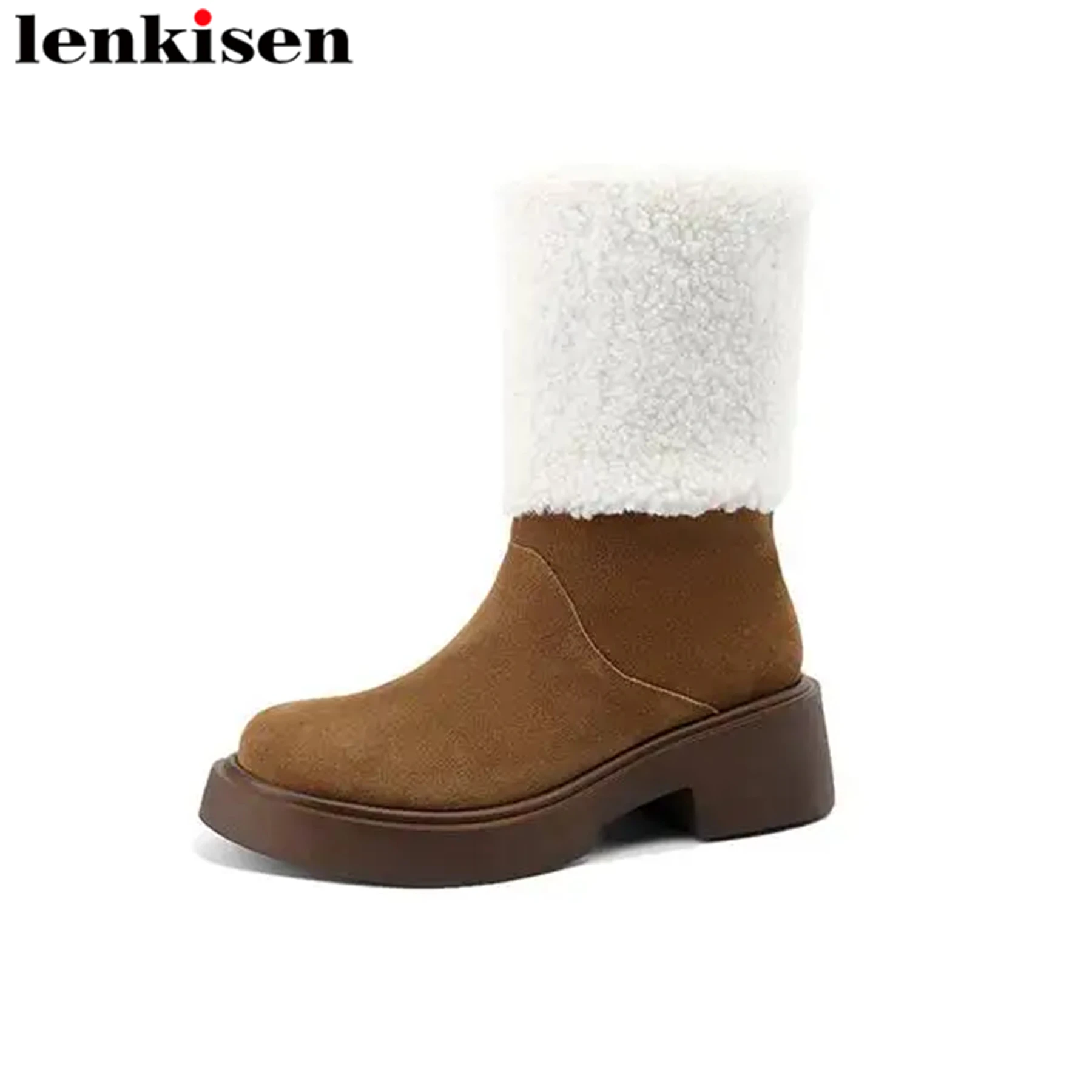 

Lenkisen 2024 Keep Warm Cow Suede Brand Winter Shoes Fur Round Toe Med Heels Snow Boots Fashion Platform Modern Mid-calf Boots