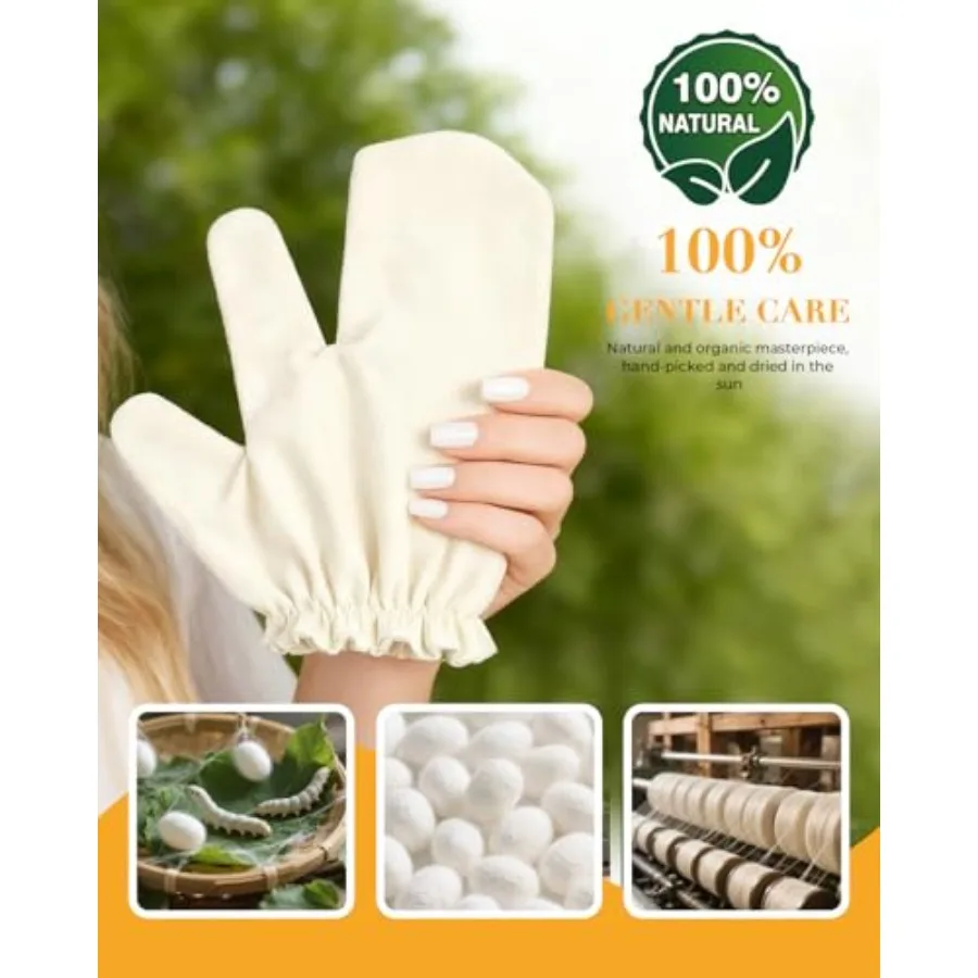 ถุงมือขัดผิวไหมแท้ 4 ชิ้น สำหรับนวดตัวและแปรงแห้งแบบอายุรเวท พร้อมสายรัดข้อมือแบบยืดหยุ่น เหมาะสำหรับสปา อาบน้ำ และส