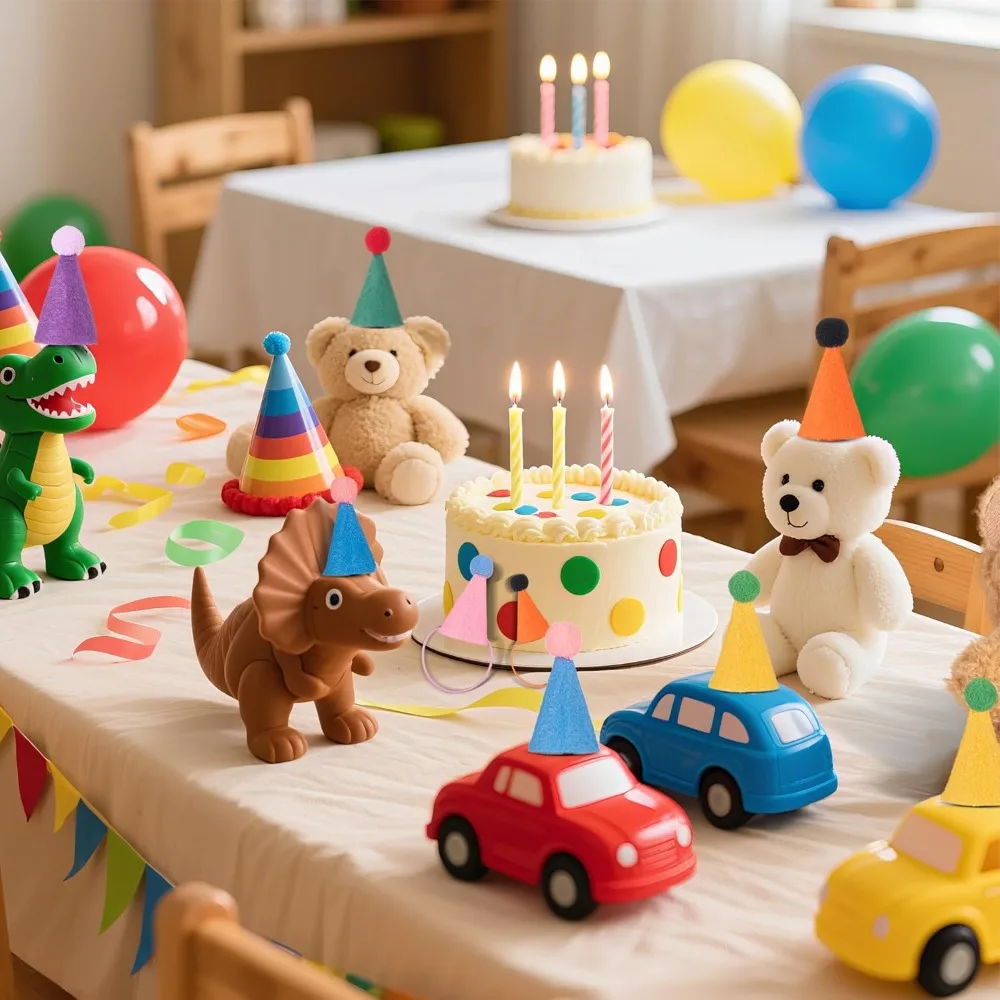 12Pcs Mini Party Hats for Stuffed Animals Figures Toys Dinosaur Tiny Hats Crafts Doll Party Decor Adjustable Cone Hat with Tinsel Pom Pom Birthday Cake Toppers - view 6