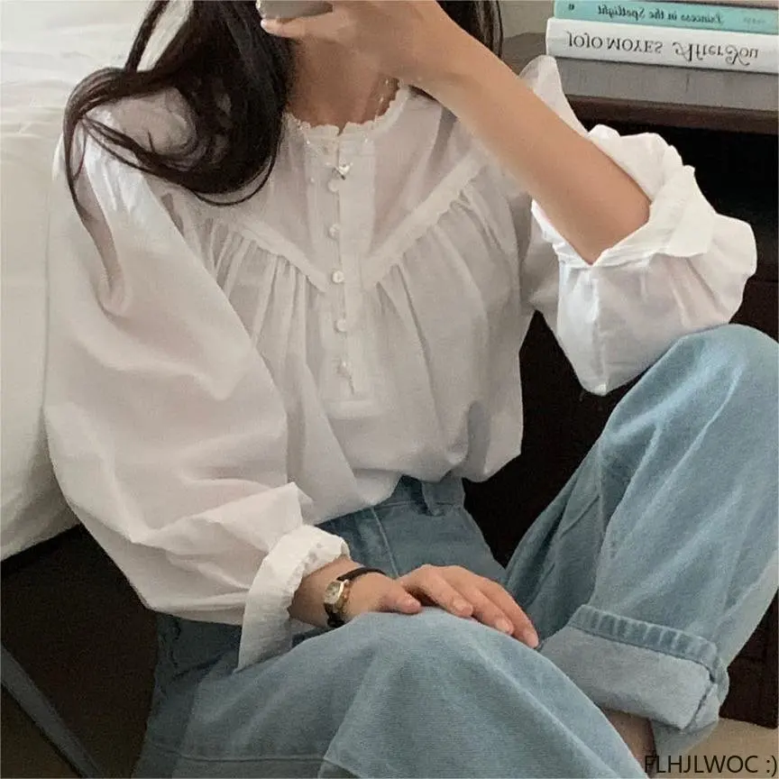 Chic Korea Tops Blusas Women 2023 New Design Solid Color Casual Loose Belly Cotton Blends Retro Vintage Shirts Blouses