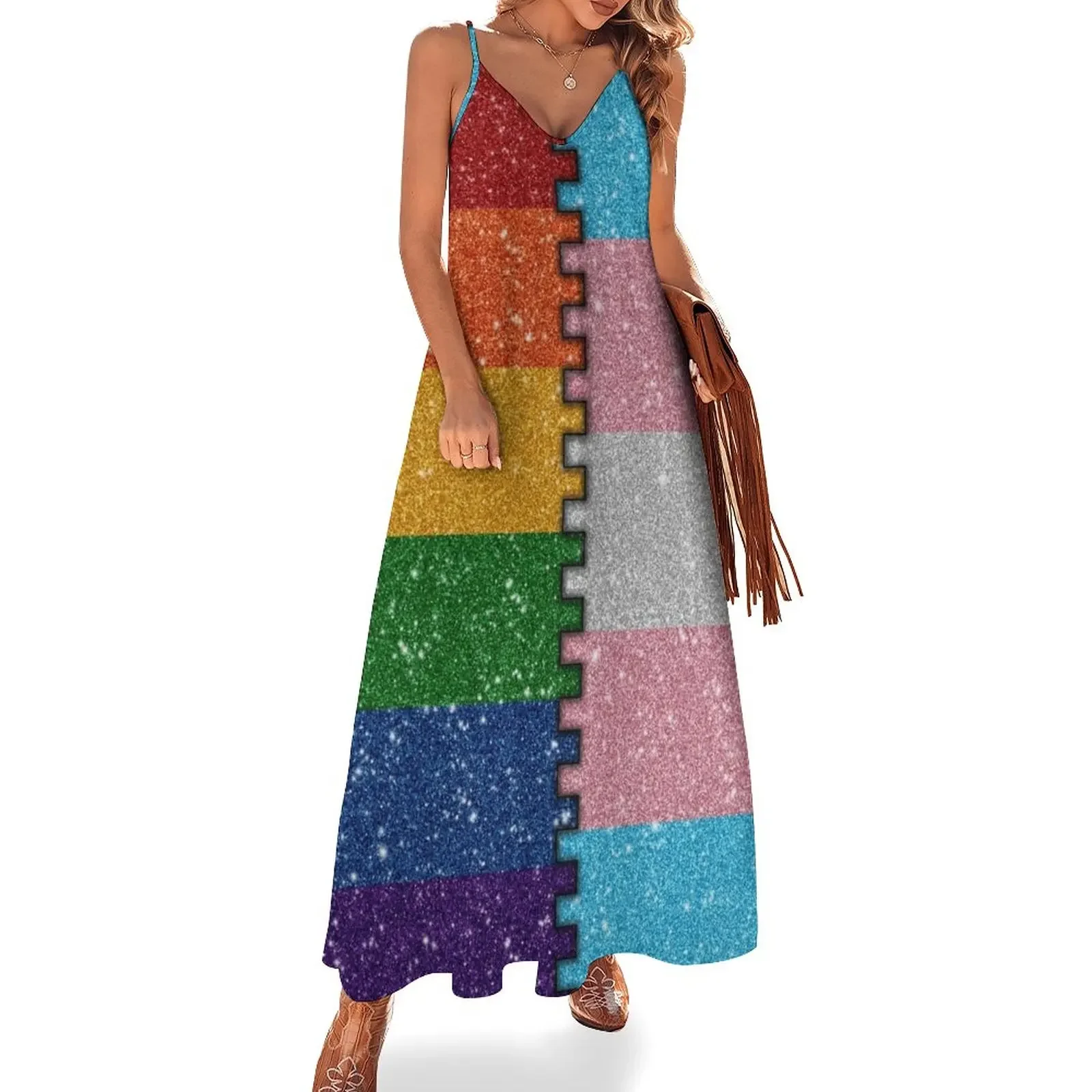 Faux Glitter LGBTQ Rainbow and Transgender Pride Merge Flag Background Sleeveless Dress birthday dresses for women Dress