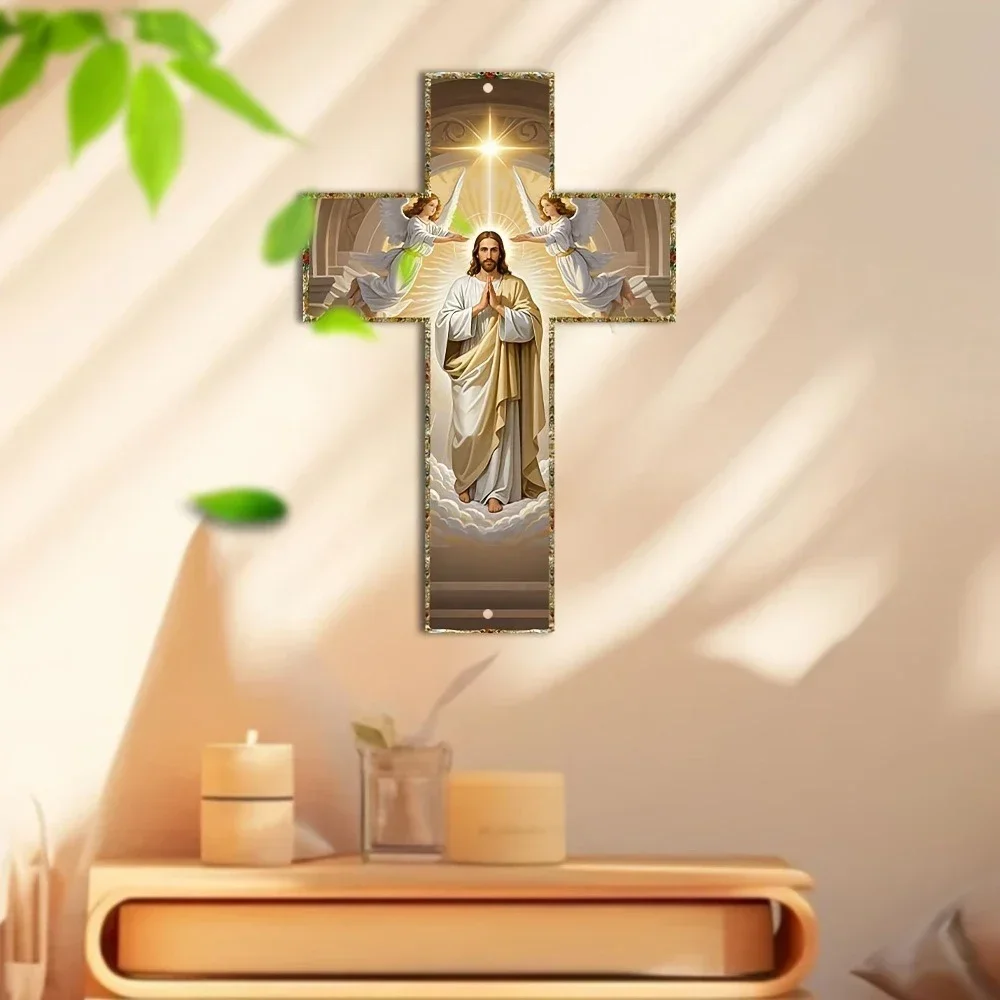 1pc Modern Angel Art Metal Cross, 8x12 Inches - Wall Hanging Religious Decor with Serene Angel Figure for Living Room, Bedroom