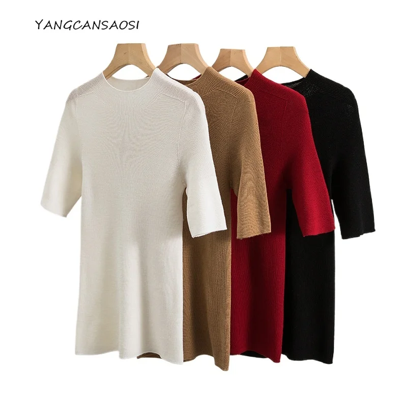 

Women's Clothing Semi High Neck Spun 100% Wool Five Quarter Sleeve Sweater Seamlessly Integrated Machine Washable Pullover