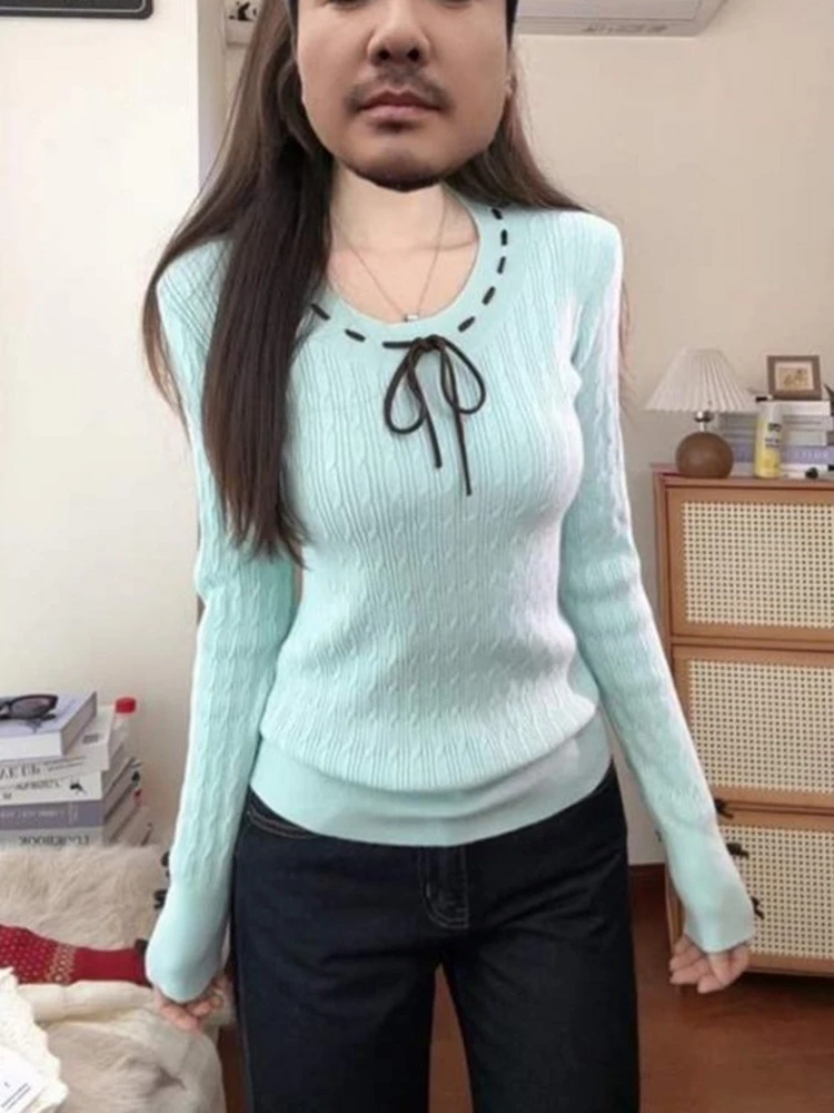 

Korean College Style Long Sleeve Knitted Sweater Women's Knot Waistband Slimming Base Layer Sweater Sweet Style rou...
