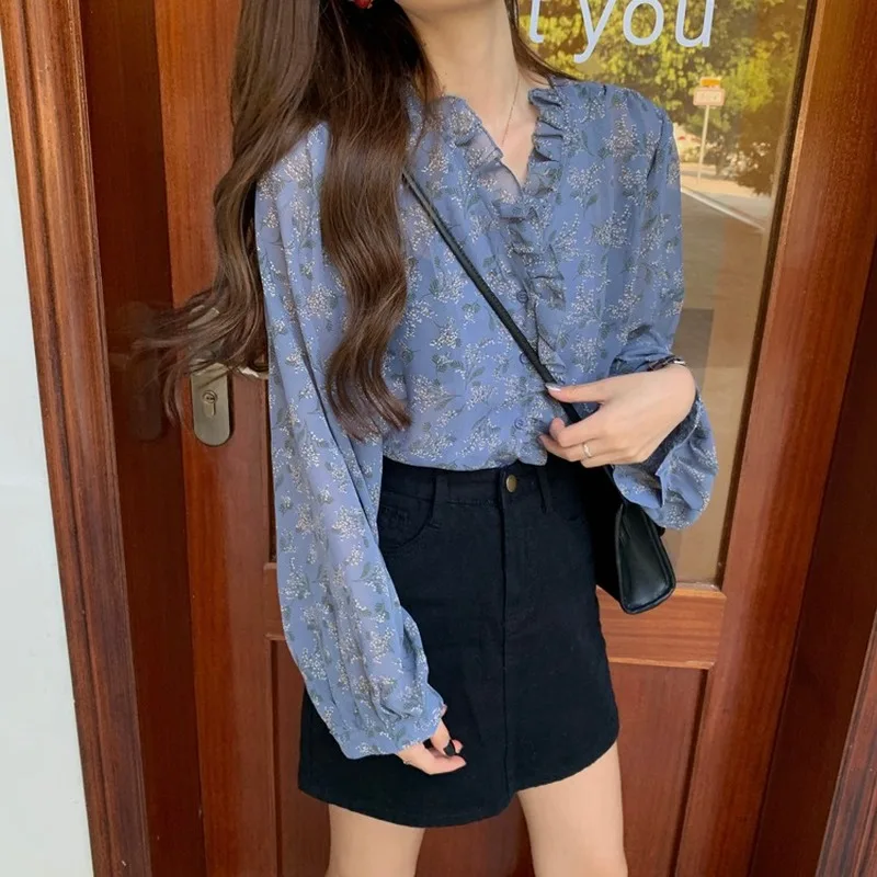 Autumn Women Sweet Slim Chiffon shirts Puff Sleeve Korea Elegant Tops and Blouses Cardigan Blue Print Floral Blusas 10314