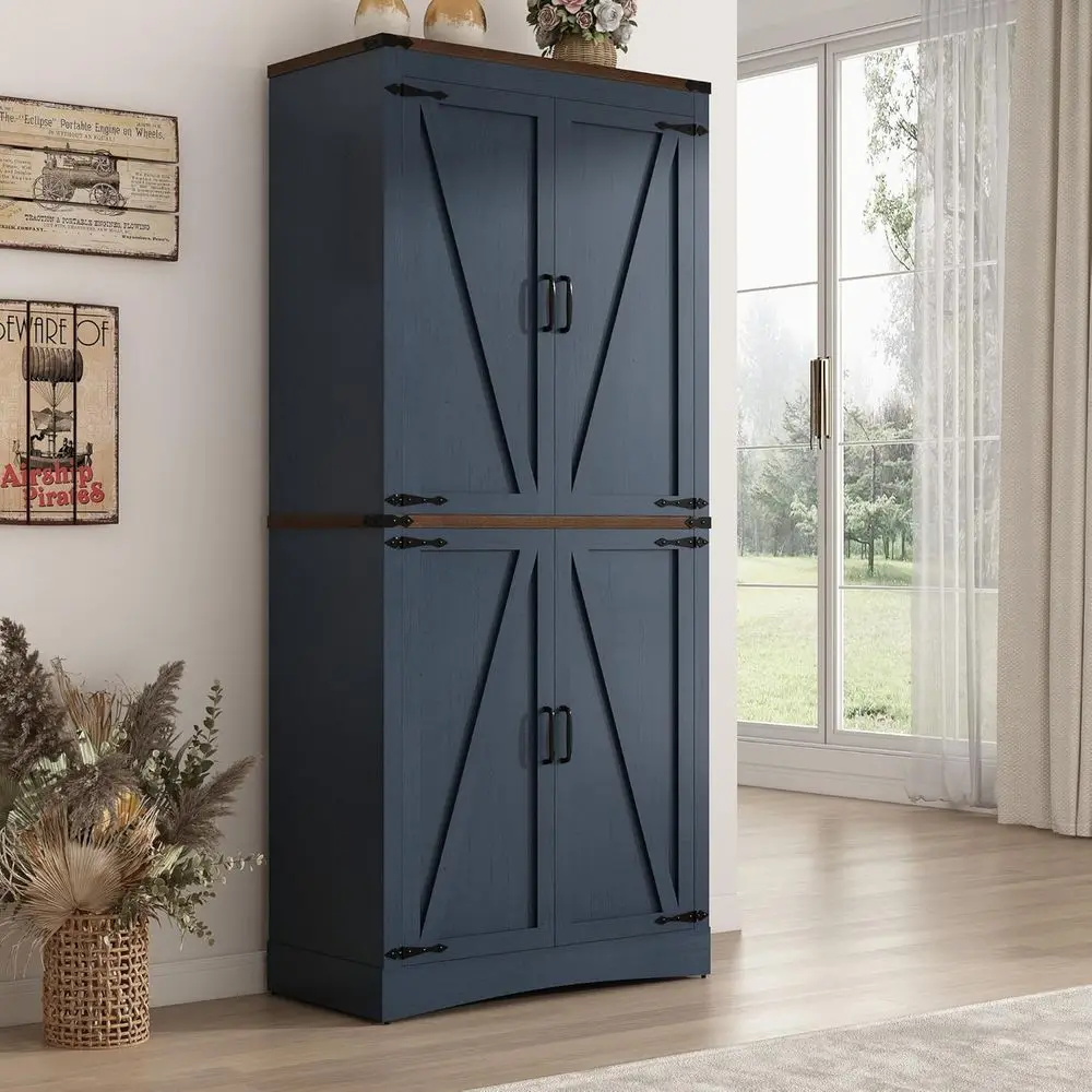 

71 Tall Blue Kitchen Pantry Cabinet with Adjustable Shelves, Steel Frame, 4 Barn Doors for Dining and Living Spaces