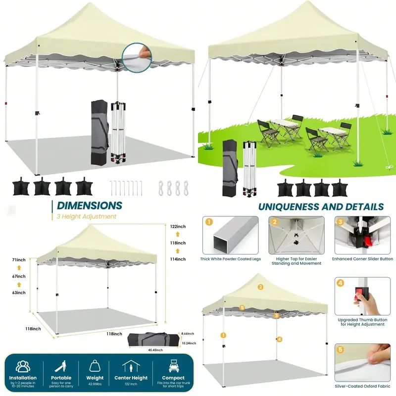 10x10 Pop Up Canopy Tent Gazebo Pavilion Heavy Duty Wavy Edge Easy Setup For Parties Outdoor Events With Sandbags Ropes