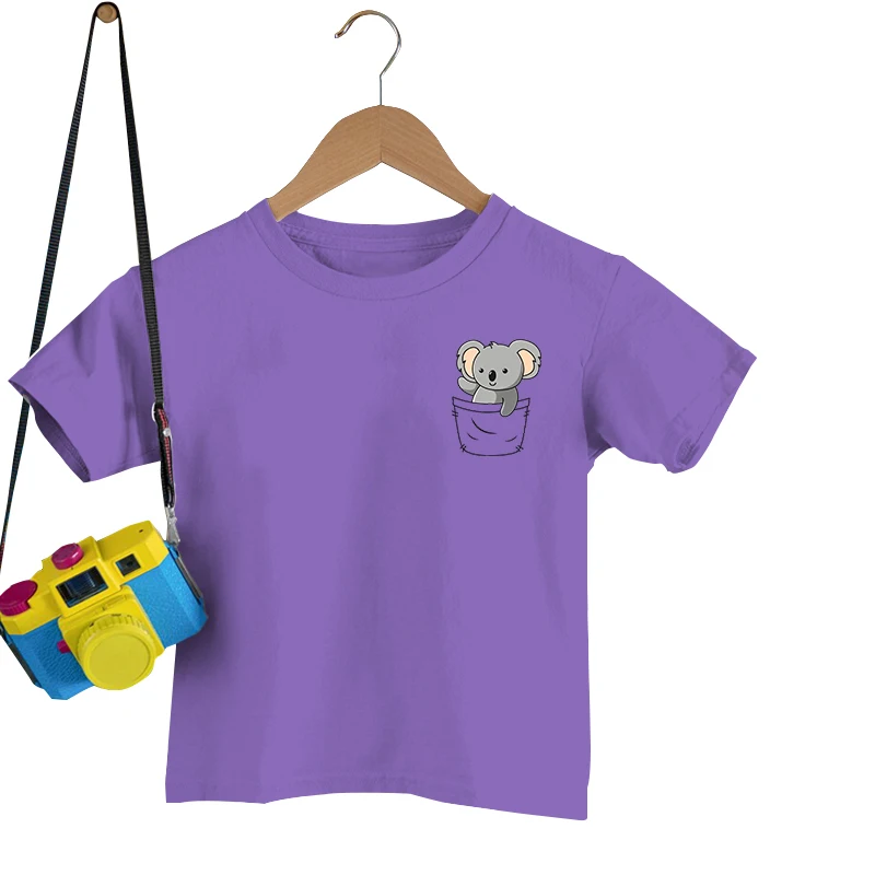 Cute Koala Pocket Print T-shirts Children Boys Girls Summer Casual Tee Shirts Round Neck T-shirts Fashion Solid Color Tee Shirts