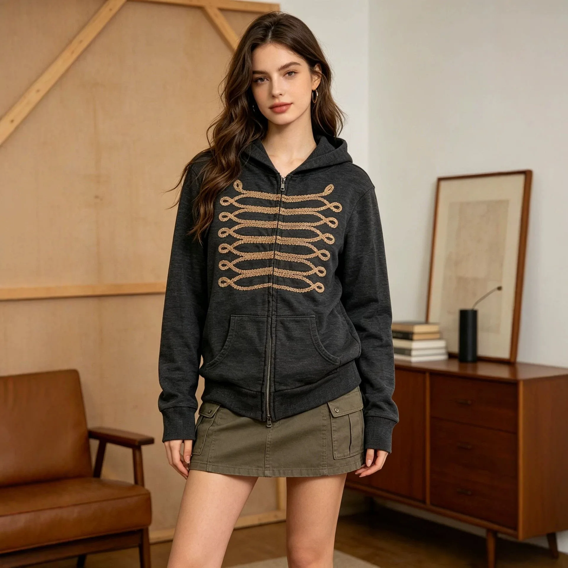 Solid Washed Embroidered Zip Up Hoodie Loose Fit Long Sleeve Dark Blue Vintage Distressed Streetwear Women Outerwear Spring