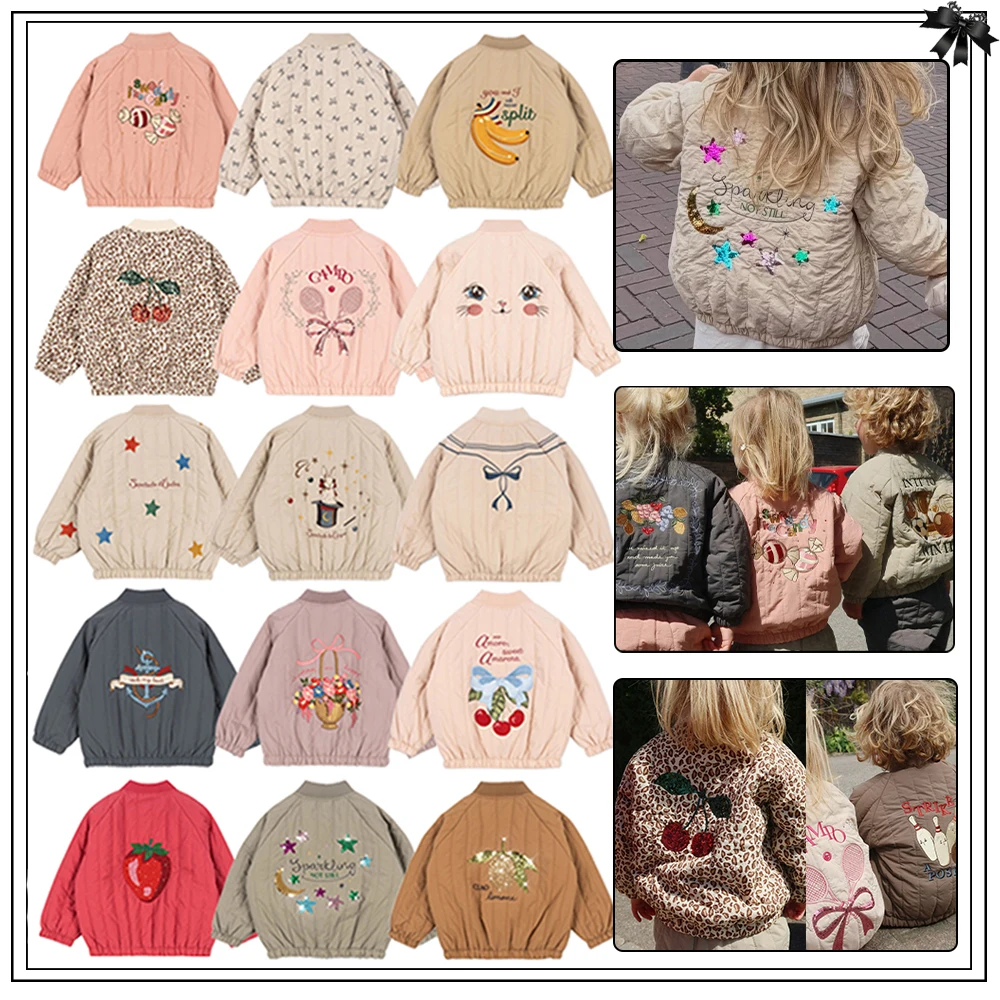 Children's KS Style Winter Coat Cute Fruit Kitten Candy Pattern Embroidered Zipper Baseball Jacket Back Printed Outerwear