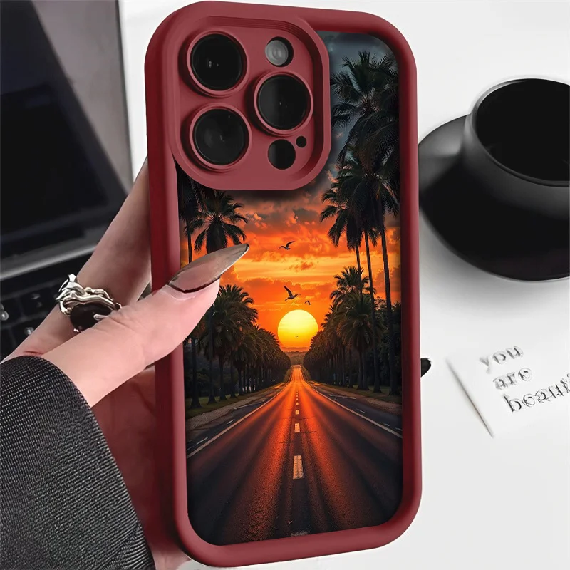 

Sunset and highway scenery phone case for iPhone 16 15 14 13 12 11 Pro/ Max/Plus shock-proof rear cover anti-fingerprint