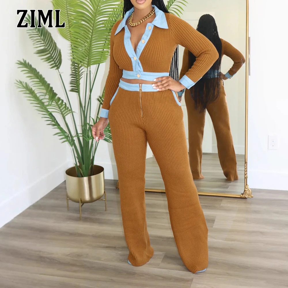 

ZIML Hit Color Two Piece Sets for Women Lapel Long Sleeve Spliced Button Tops High Waist Chic Pants Vintage Knitting Set Female