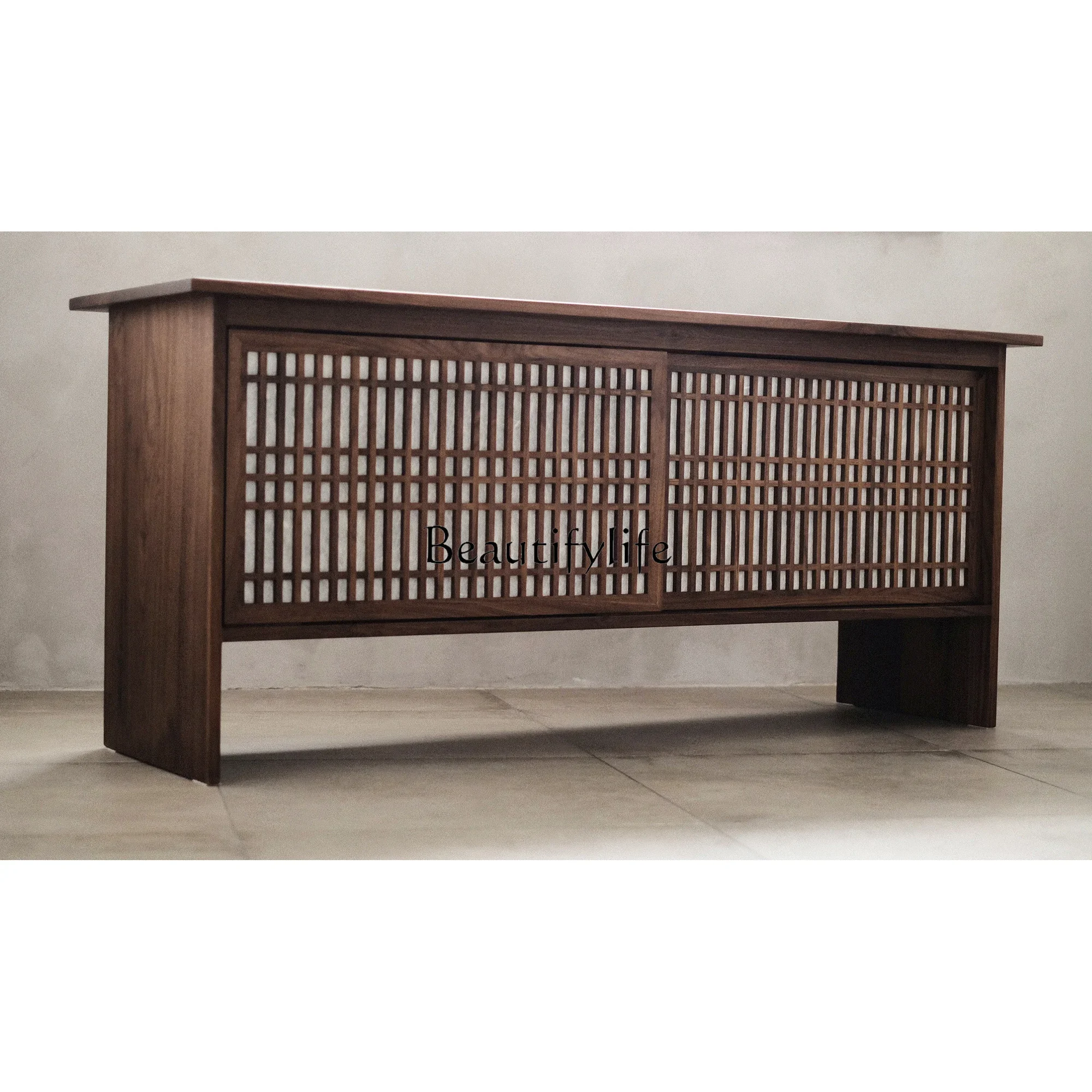 

LD33Grille Side Cabinet Walnut Solid Wood Dining Side Locker Coffee Cabinet