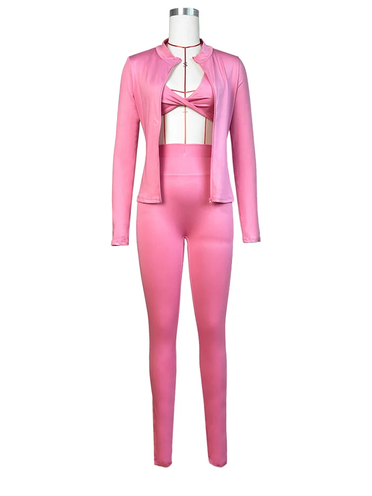Aneh Puss setelan olahraga wanita, jaket lengan panjang ritsleting + tren Bar Halter Solid seksi 3 potong kasual Sporty + celana olahraga kurus