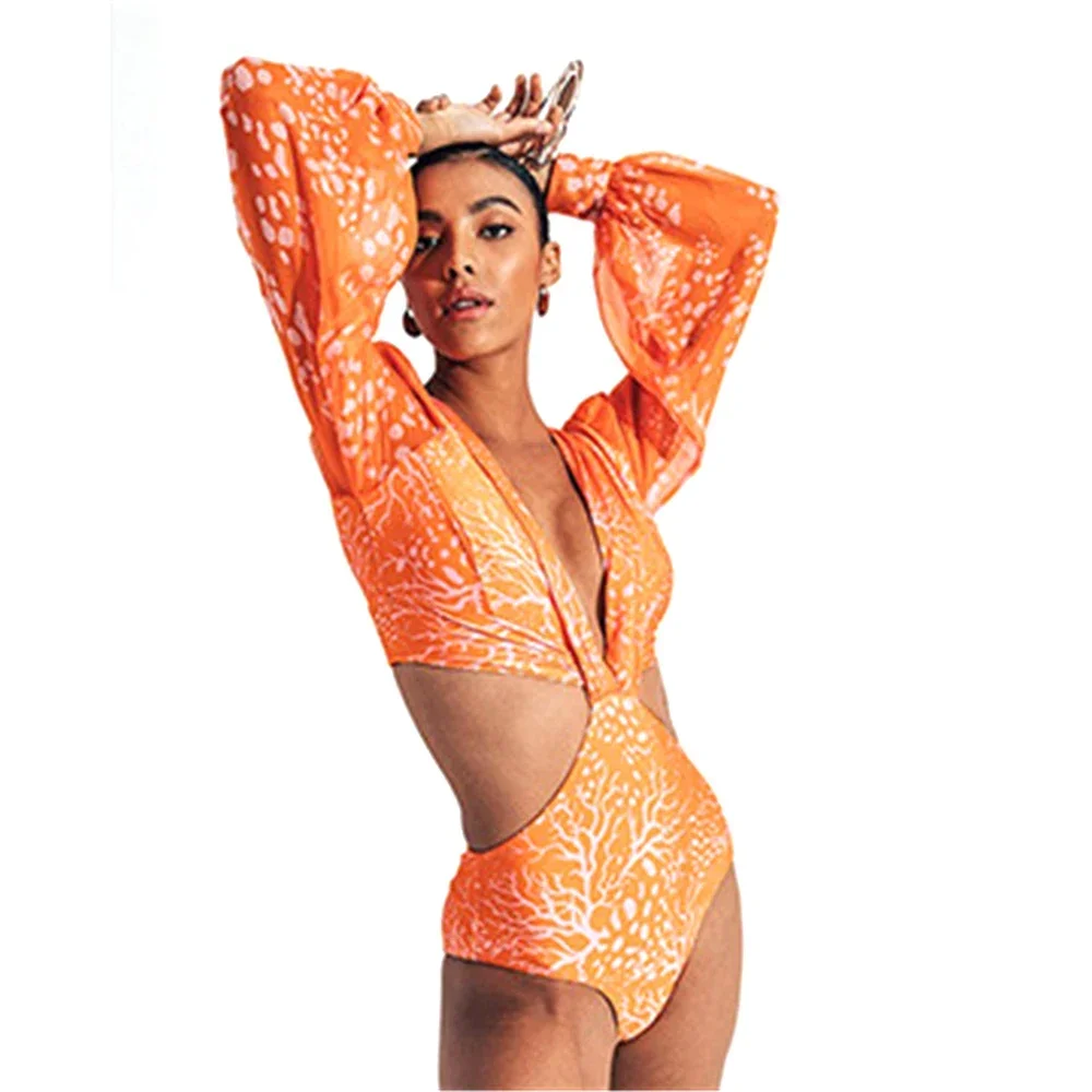 Women's Sexy Backless Long Sleeved Swimsuit One-piece High Waist Lace Up Bikini Ladies Swimming Bathing Dancing Suit Beachwear