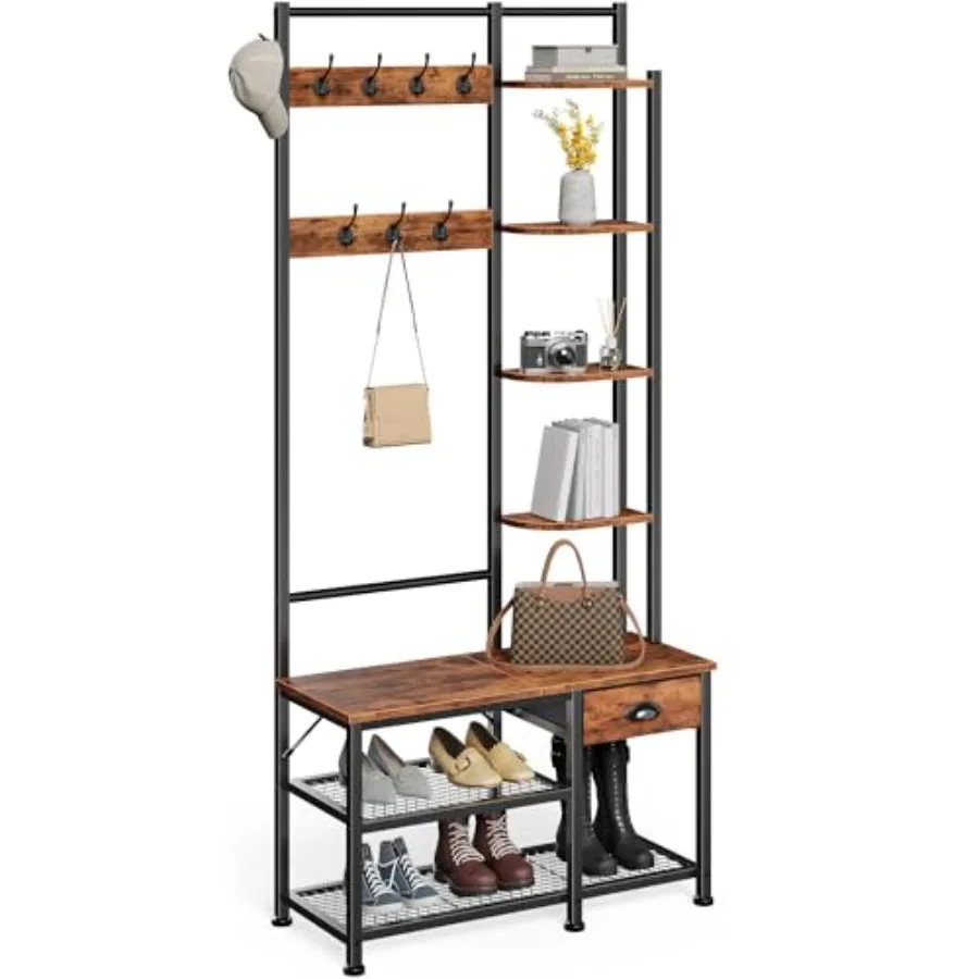 

Coat Rack Hall Tree with Bench and Shoe Rack 4 in 1 Entryway Bench Entryway Shoe Storage with 4 Shelves 8 Hooks 1 Fabric Drawer
