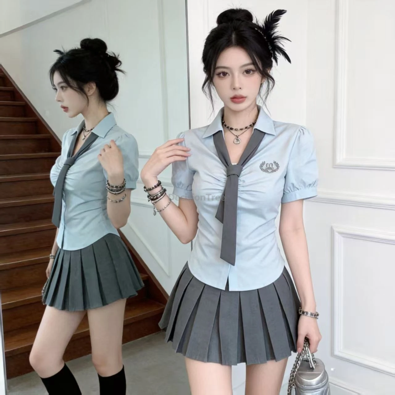 Summer College Style Korean British JK Uniform Set High School Design Waist-Cinching Short Shirt Pleated Skirt Two-Piece Set