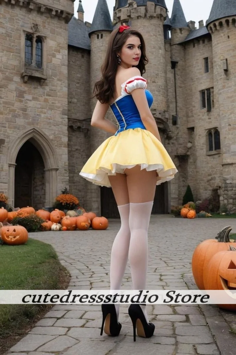 Robe de bal bleu Royal et jaune, épaules dénudées, Cosplay, blanche-neige, Convention de bande dessinée, robe de Cocktail, robes de soirée personnalisées