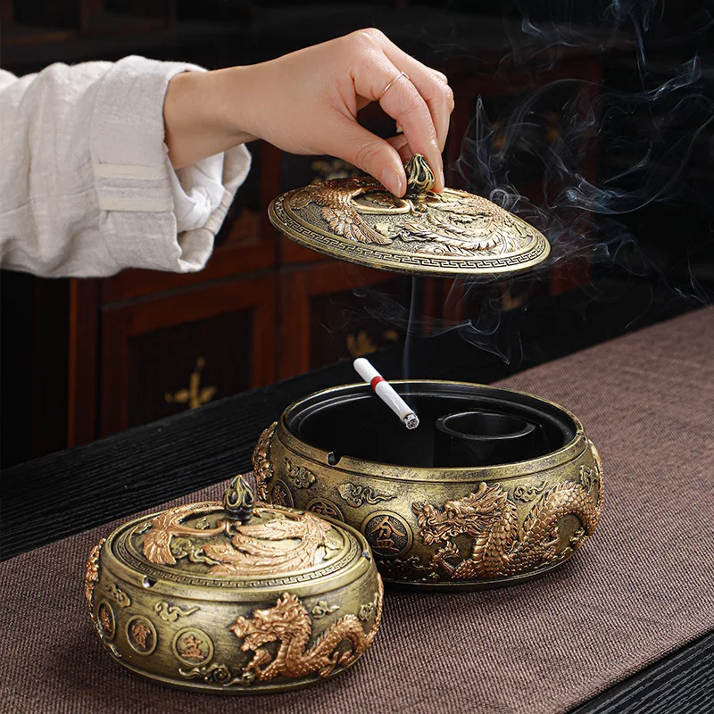 Creative Resin Ashtray with Lid New Chinese Home Office Anti-Flying Dust Complex Trend Tea Container Ornaments