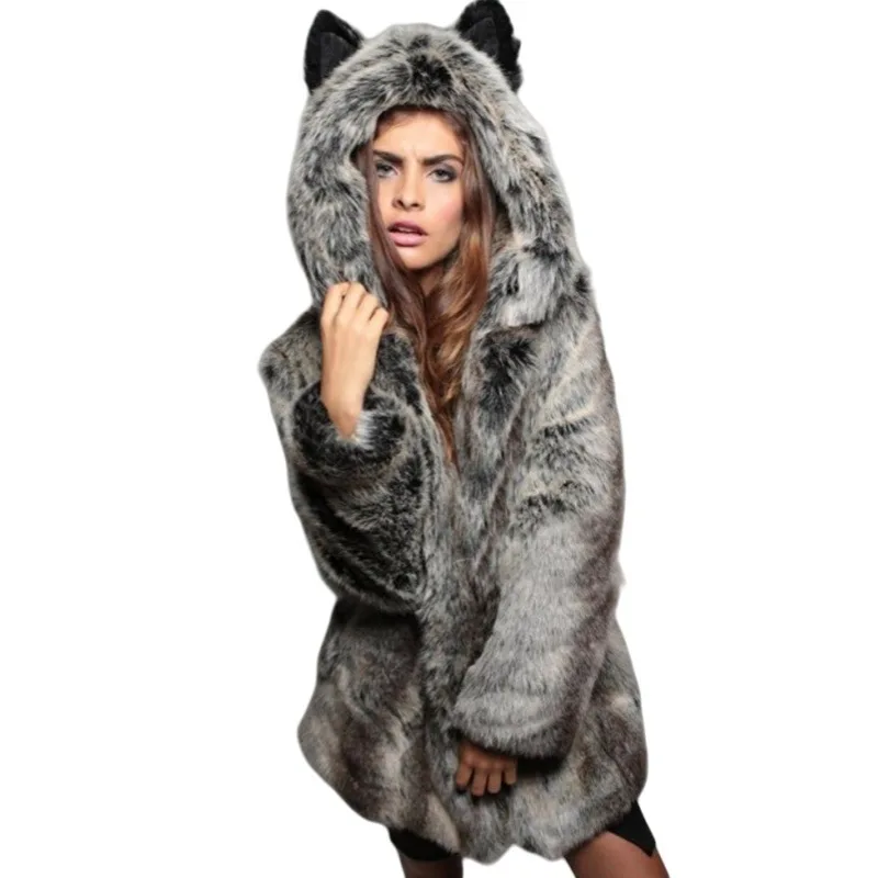 Herfst en winter Europese en Amerikaanse konijnenoren Cartoon dames imitatie konijnenbont middellange en lange bontjas met capuchon
