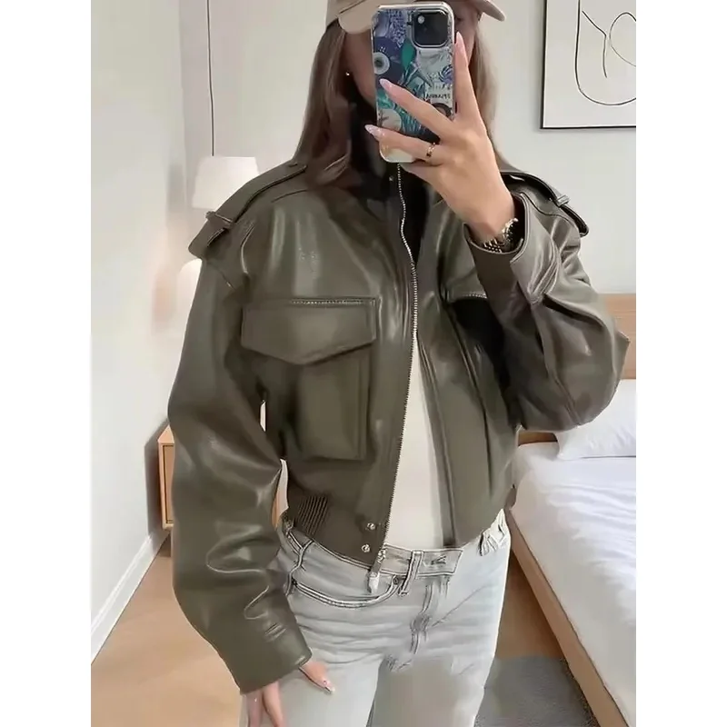 BKQU Faux Leather Cropped Jacket Women Vintage Stand Collar Zipper Pocket Long Sleeve Coat 2026 Autumn Lady Casual New Outerwear