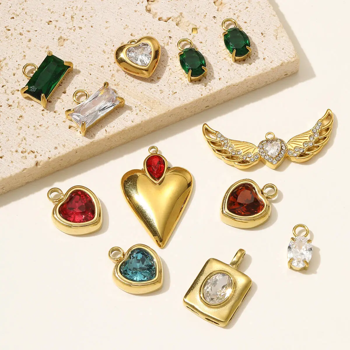 3pcs/Lot Stainless Steel Angel Wing Necklace Pendant Mirror Polish Rhinestone Heart Flower DIY Charm Women Geometric Jewelry